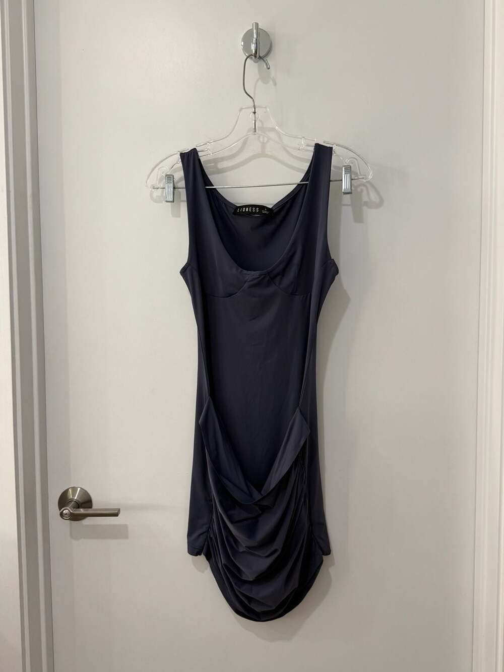 Lioness Sleeveless Ruched Mini Dress in Charcoal Grey